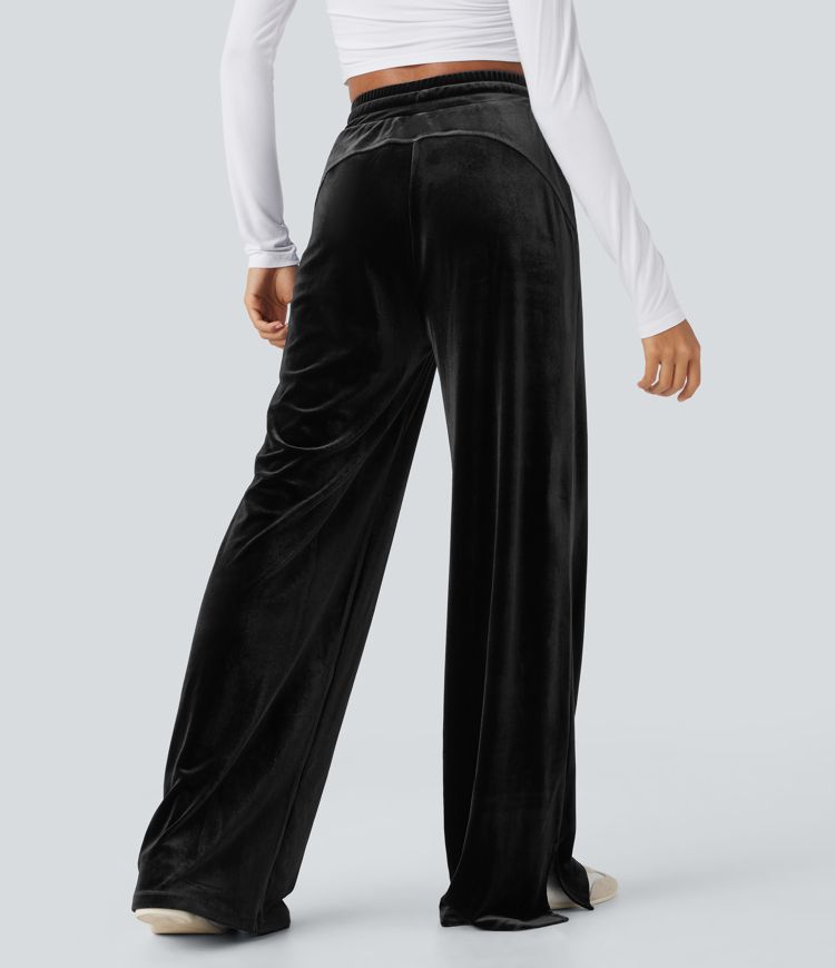 High Waisted Drawstring Wide Leg Velvet Casual Pants with Pockets