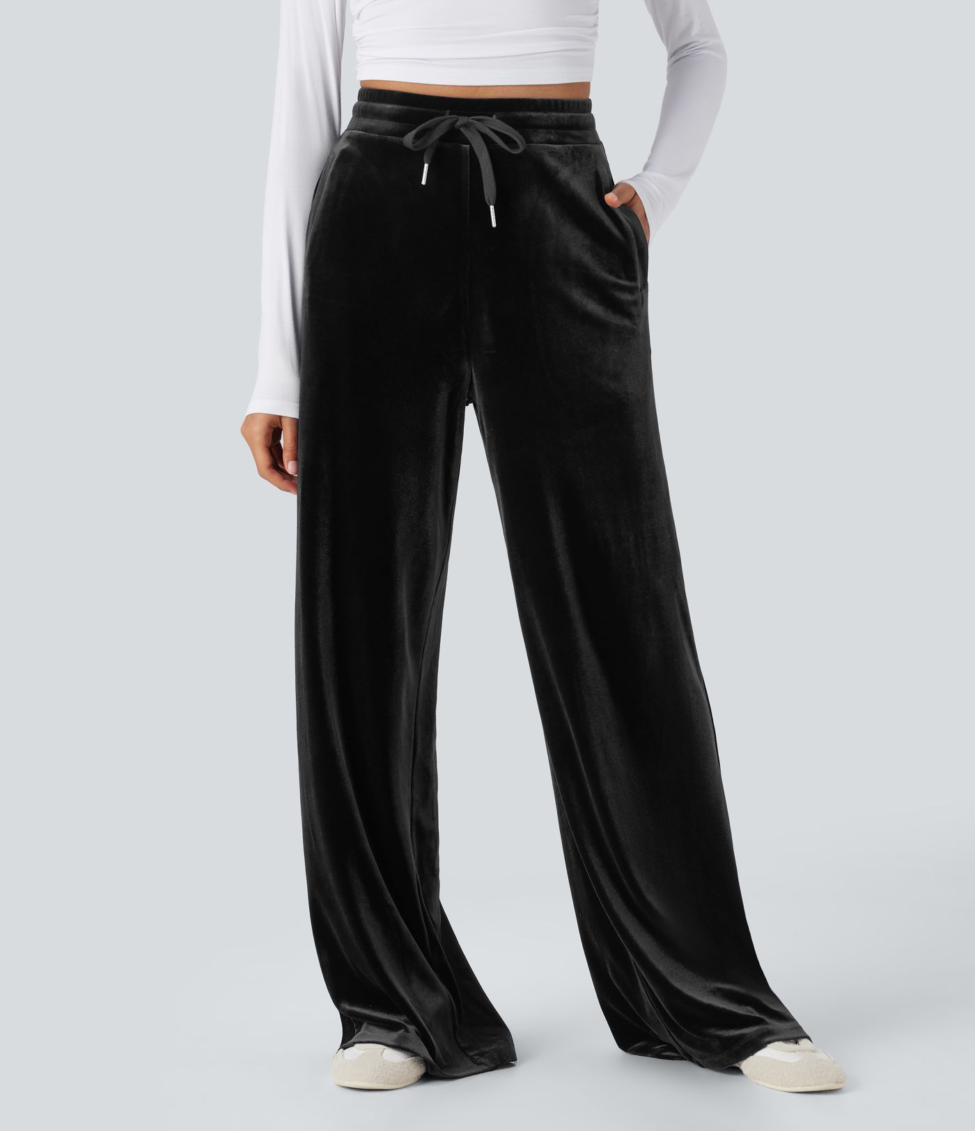 High Waisted Drawstring Wide Leg Velvet Casual Pants with Pockets