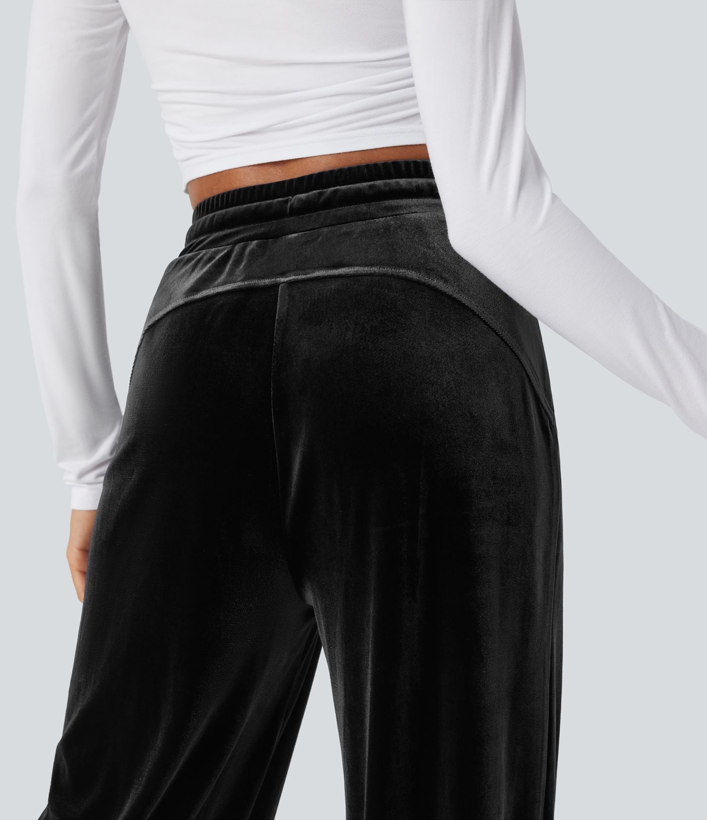 High Waisted Drawstring Wide Leg Velvet Casual Pants with Pockets