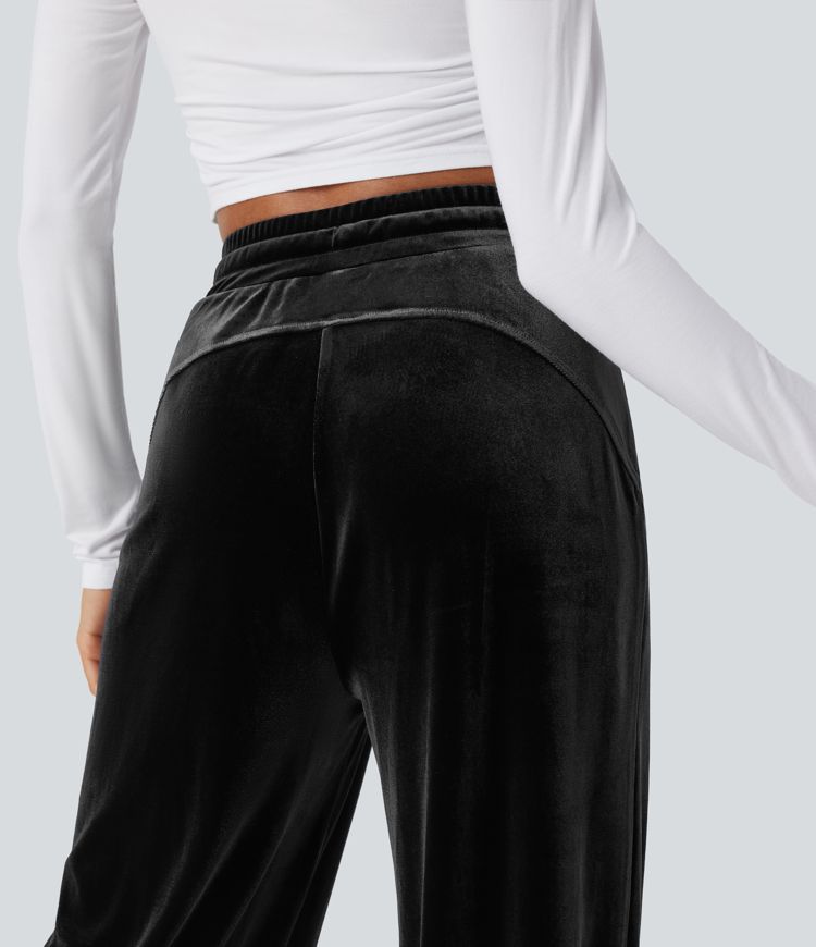 High Waisted Drawstring Wide Leg Velvet Casual Pants with Pockets