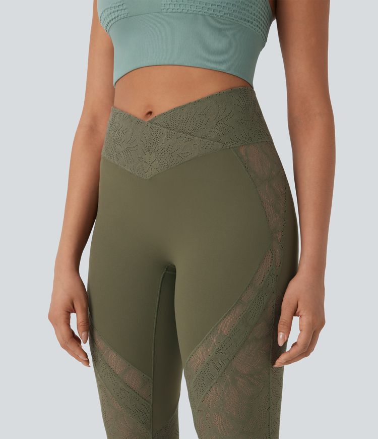 SoftlyZero™ High Waisted Crossover Pocket Contrast Lace Flare Yoga Leggings