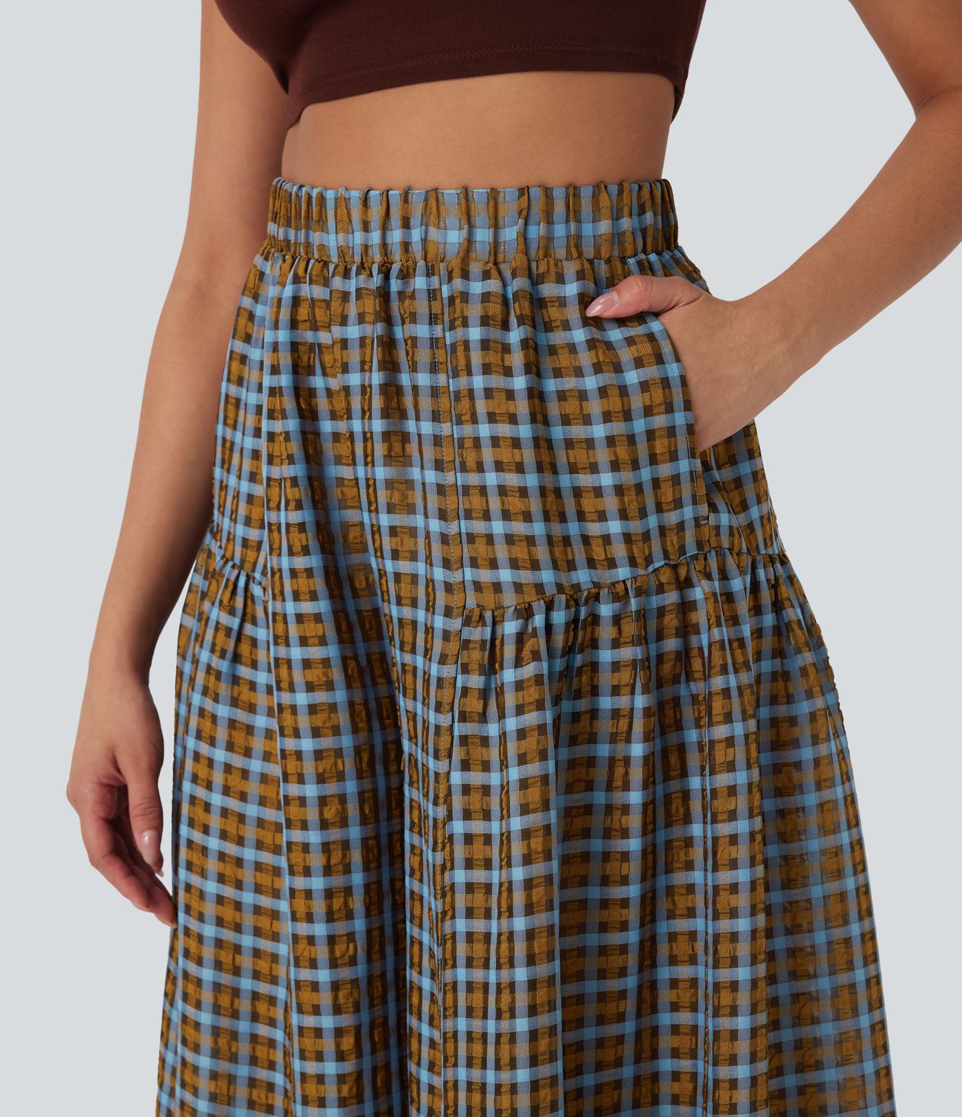 Pantalon décontracté à carreaux taille haute coupe ample avec poches latérales