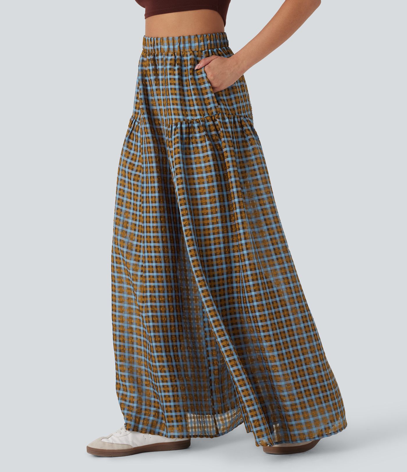 Pantalon décontracté à carreaux taille haute coupe ample avec poches latérales