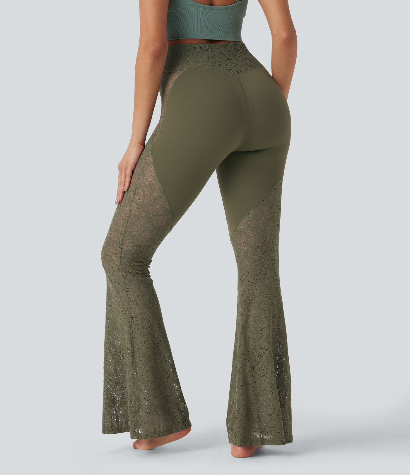 SoftlyZero™ High Waisted Crossover Pocket Contrast Lace Flare Yoga Leggings
