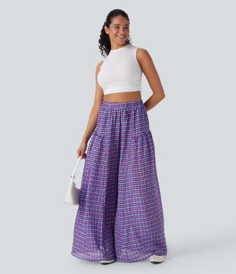High Waisted Pocket Wide Leg Flowy Plaid Casual Pants