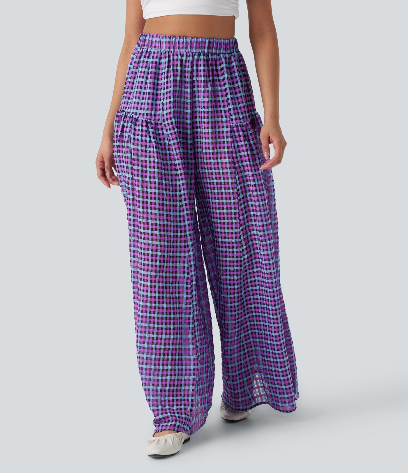 High Waisted Pocket Wide Leg Flowy Plaid Casual Pants