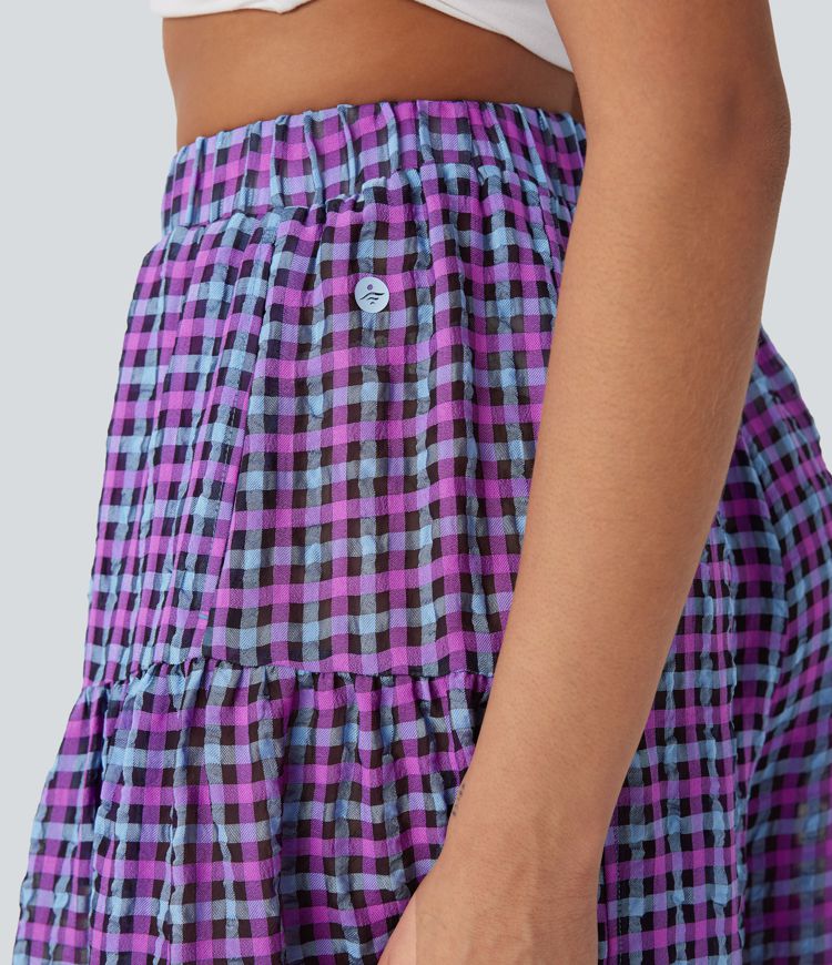 High Waisted Pocket Wide Leg Flowy Plaid Casual Pants