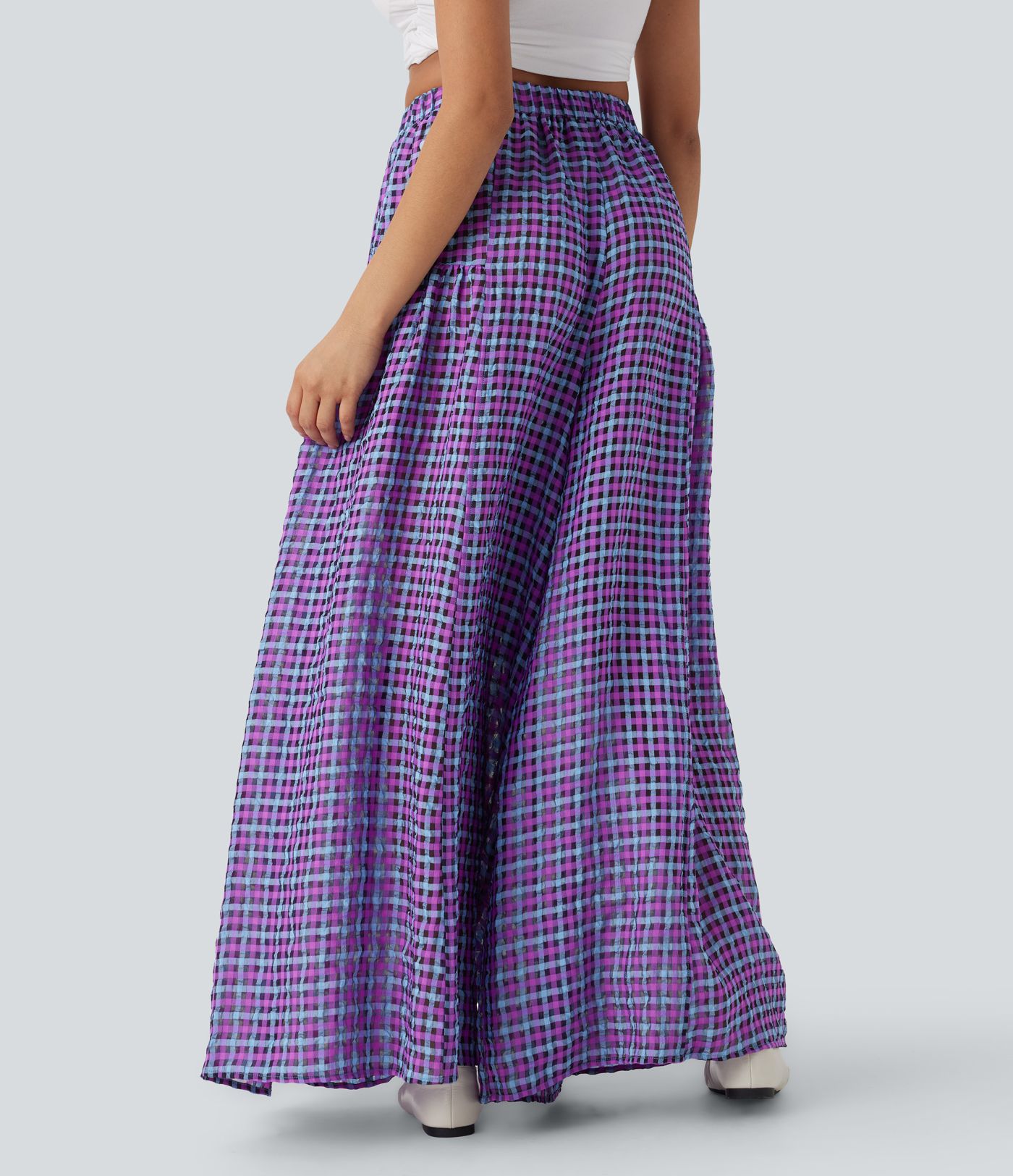 High Waisted Pocket Wide Leg Flowy Plaid Casual Pants