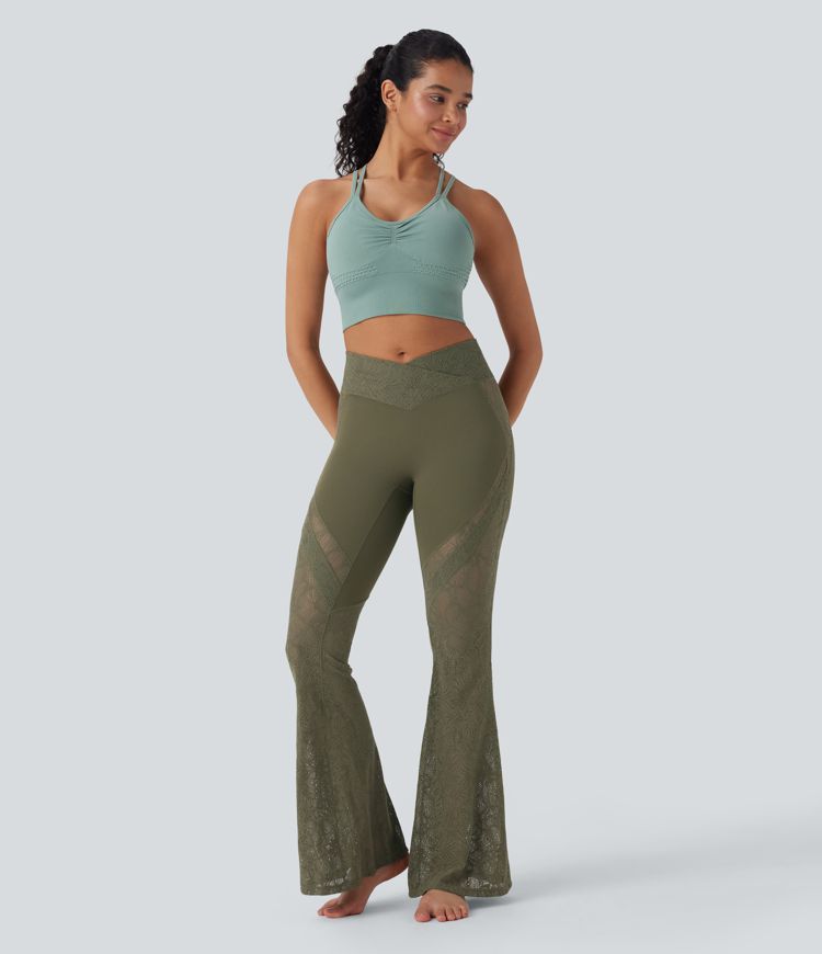 SoftlyZero™ High Waisted Crossover Pocket Contrast Lace Flare Yoga Leggings