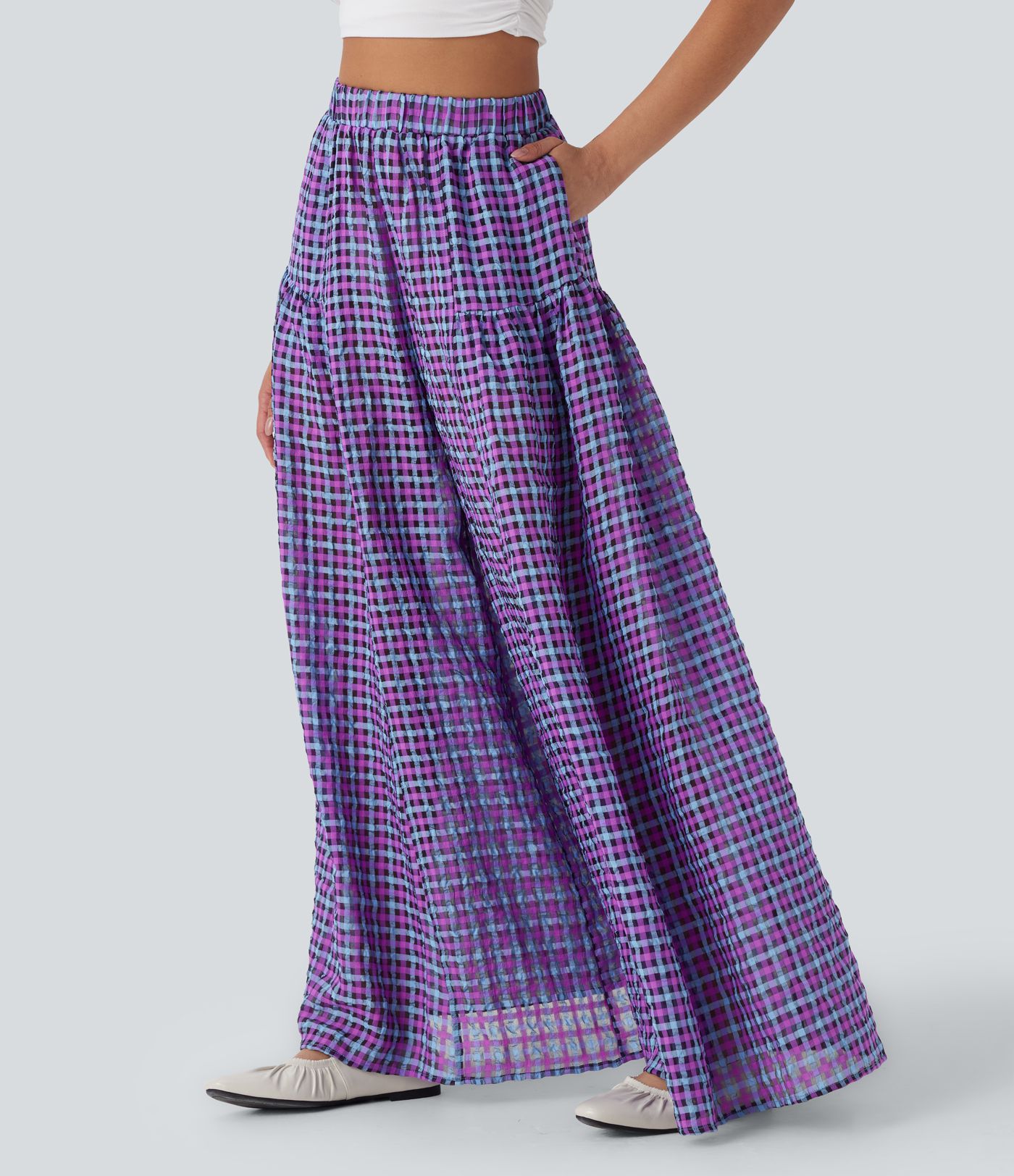 High Waisted Pocket Wide Leg Flowy Plaid Casual Pants