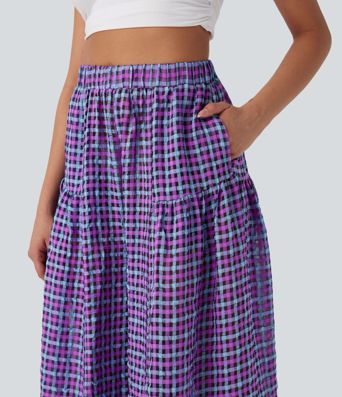 High Waisted Pocket Wide Leg Flowy Plaid Casual Pants