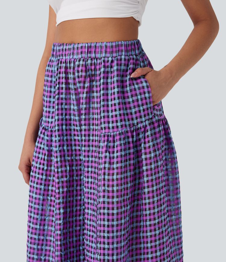 High Waisted Pocket Wide Leg Flowy Plaid Casual Pants