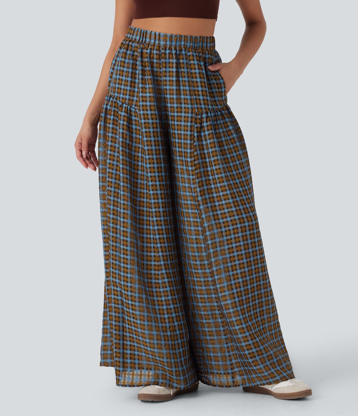 Pantalon décontracté à carreaux taille haute coupe ample avec poches latérales