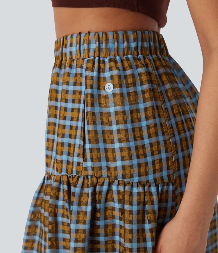 Pantalon décontracté à carreaux taille haute coupe ample avec poches latérales