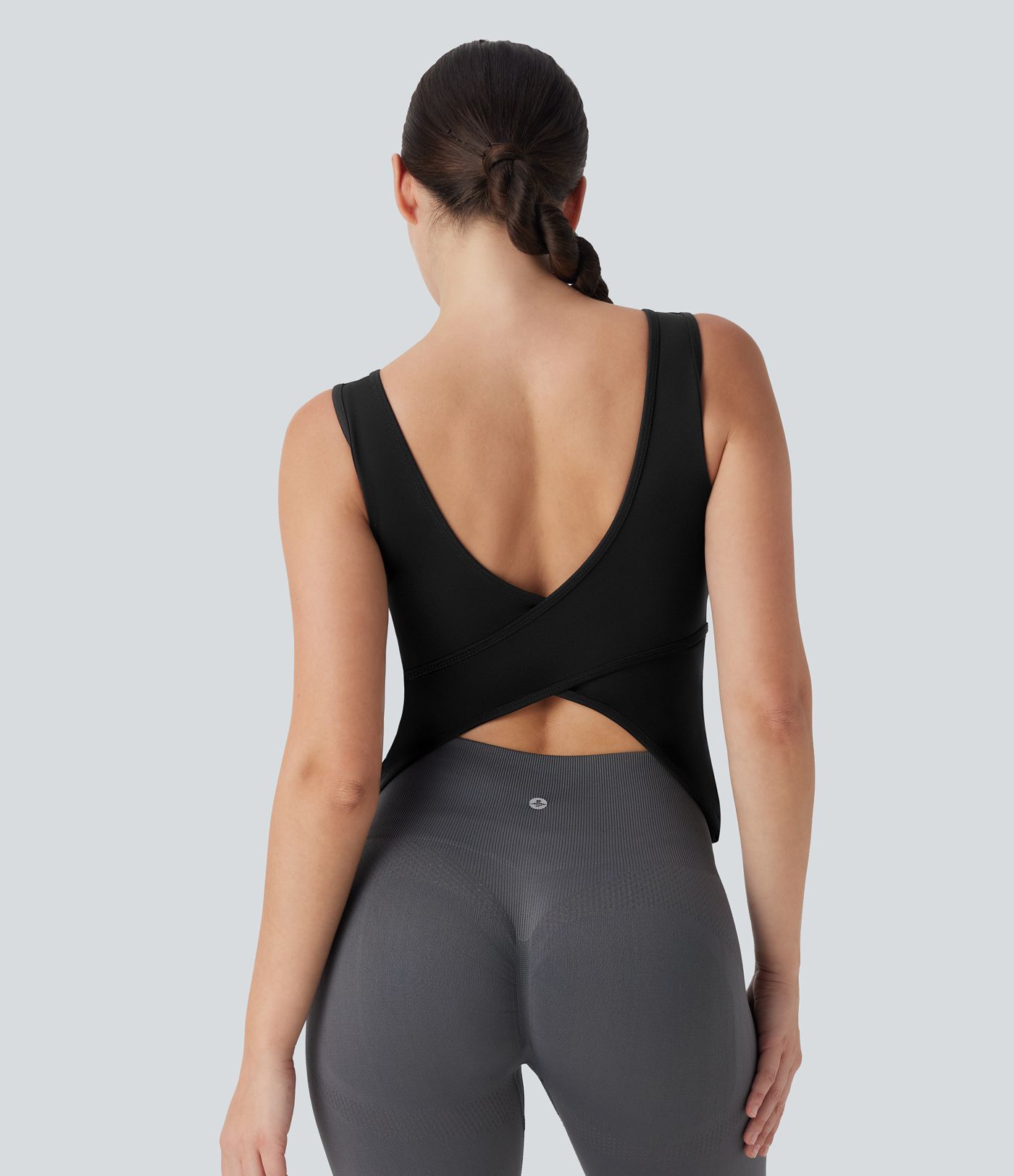 U Neck Crossover Yoga Tank Top-Longer Length D-F Cups