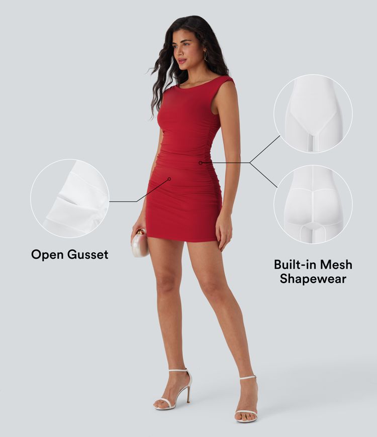 Boat Neck Sleeveless Ruched Bodycon Mini Party Built-in Mesh Shapewear Dress