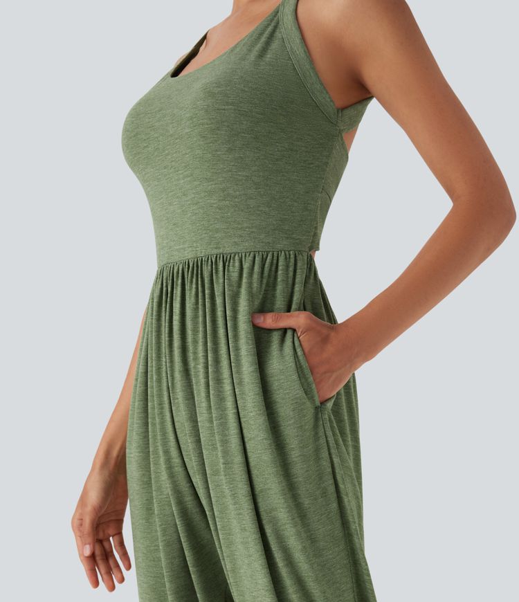 U Neck Harem Casual Jumpsuit with Pockets-Easy Peezy Edition D-F Cups