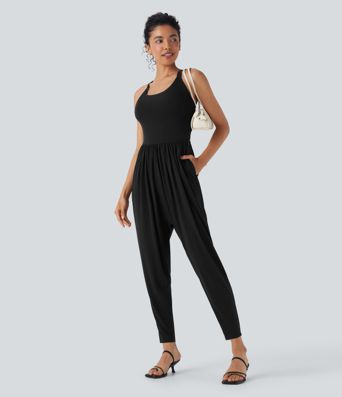 U Neck Harem Casual Jumpsuit with Pockets-Easy Peezy Edition D-F Cups