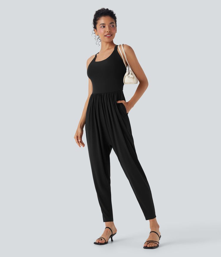 U Neck Harem Casual Jumpsuit with Pockets-Easy Peezy Edition D-F Cups
