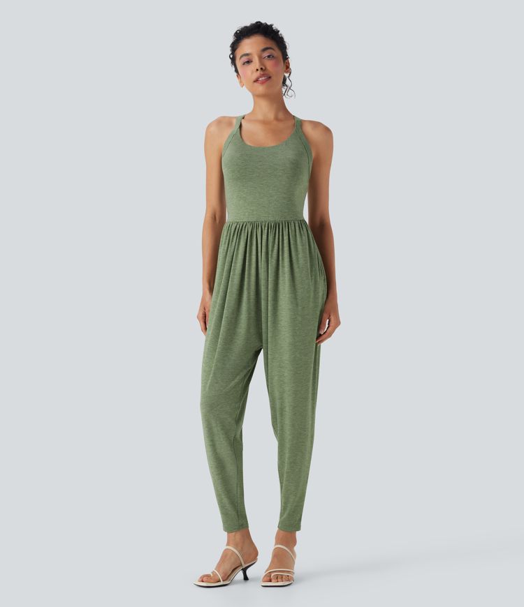 Backless Twisted U Neck Harem Casual Jumpsuit with Pockets-Easy Peezy Edition-D/DD/DDD/F Cups