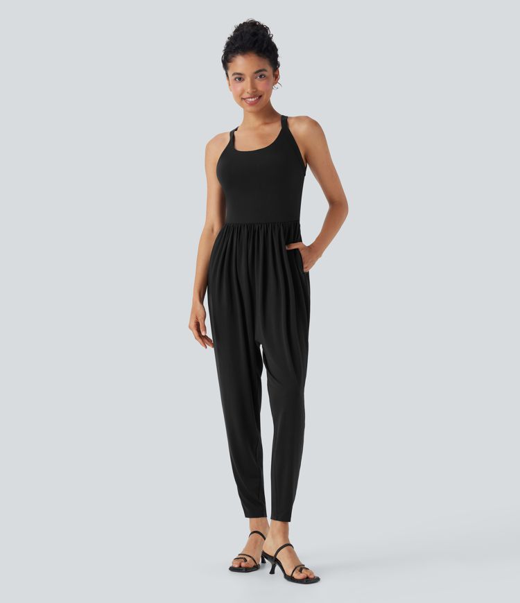 Backless Twisted U Neck Harem Casual Jumpsuit with Pockets-Easy Peezy Edition-D/DD/DDD/F Cups