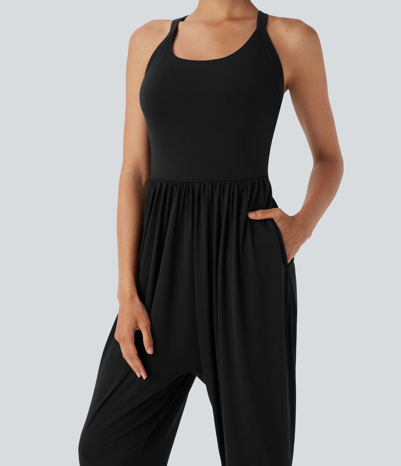 U Neck Harem Casual Jumpsuit with Pockets-Easy Peezy Edition D-F Cups