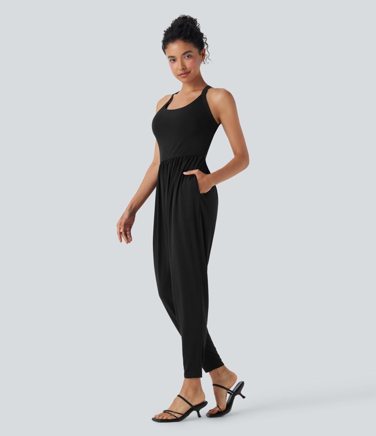 Backless Twisted U Neck Harem Casual Jumpsuit with Pockets-Easy Peezy Edition-D/DD/DDD/F Cups