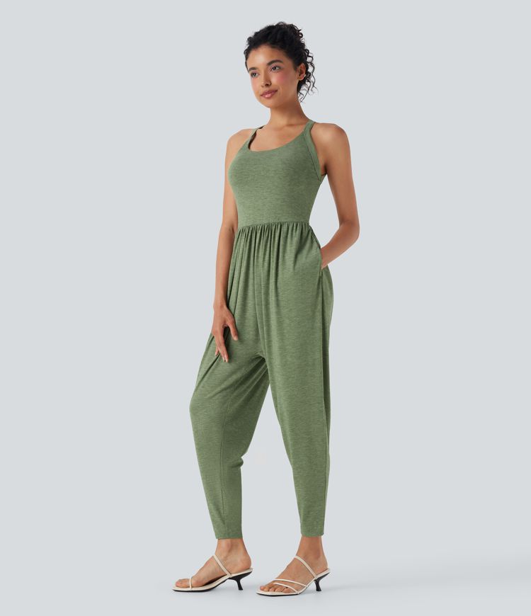 Backless Twisted U Neck Harem Casual Jumpsuit with Pockets-Easy Peezy Edition-D/DD/DDD/F Cups