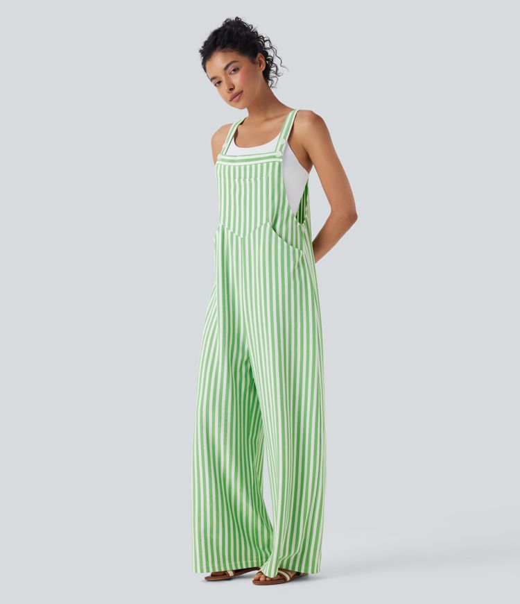 Adjustable Strap Button Multiple Pockets Stripe Waffle Resort Overalls