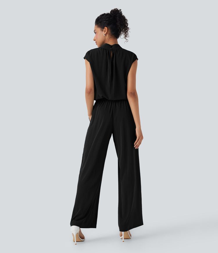 Mock Neck Keyhole Back Cap Sleeve Wide Leg Work Jumpsuit with Side Pockets