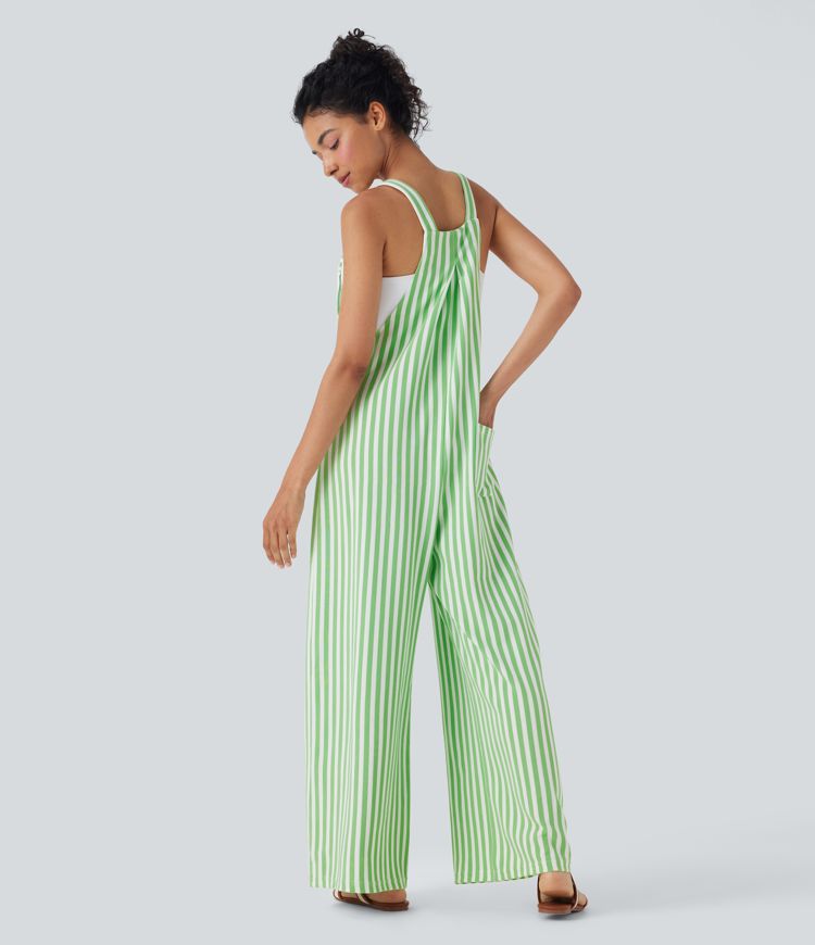 Adjustable Strap Button Multiple Pockets Stripe Waffle Resort Overalls