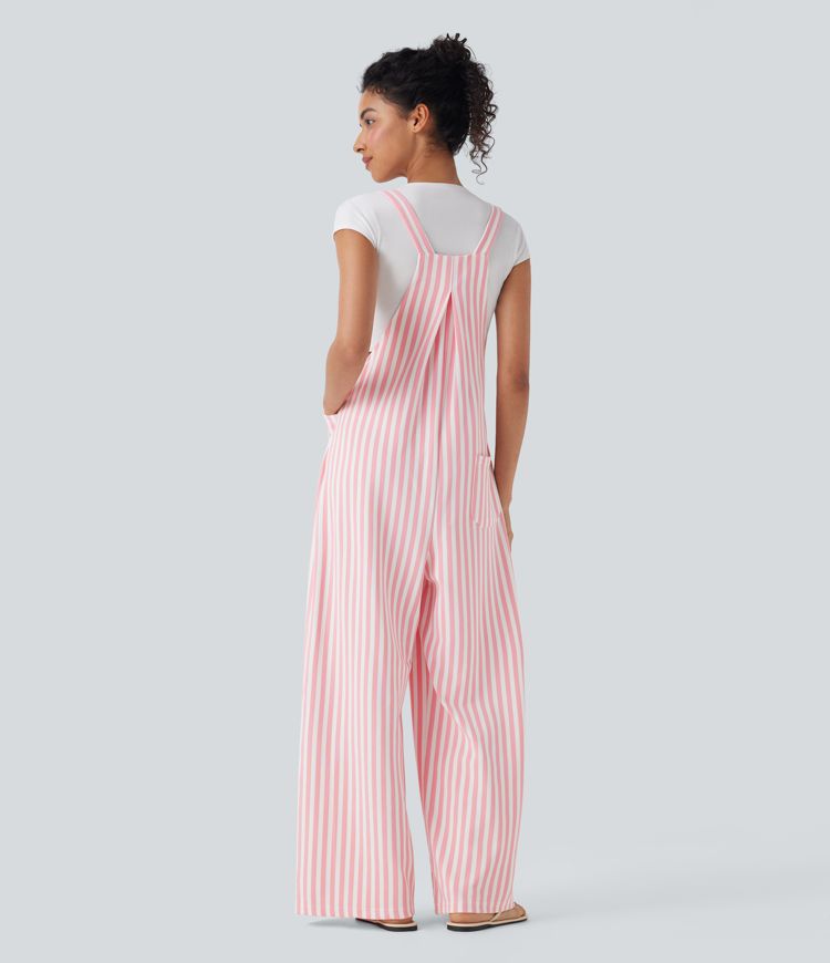 Adjustable Strap Button Multiple Pockets Stripe Resort Overalls