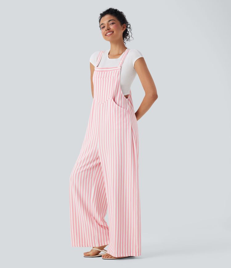 Adjustable Strap Button Multiple Pockets Stripe Resort Overalls