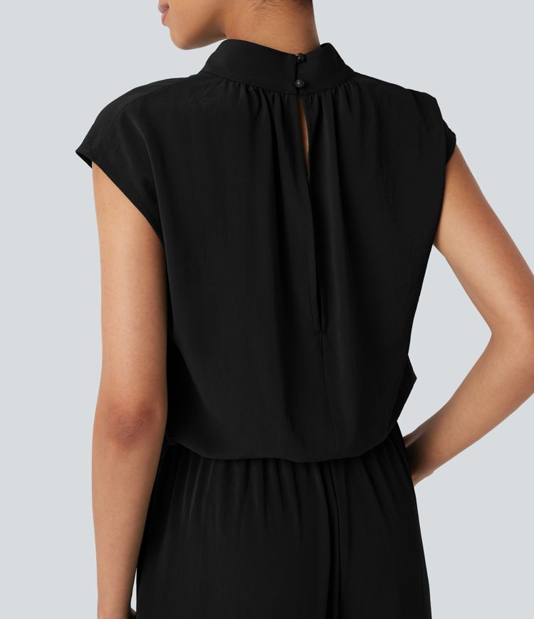 Mock Neck Keyhole Back Cap Sleeve Wide Leg Work Jumpsuit with Side Pockets