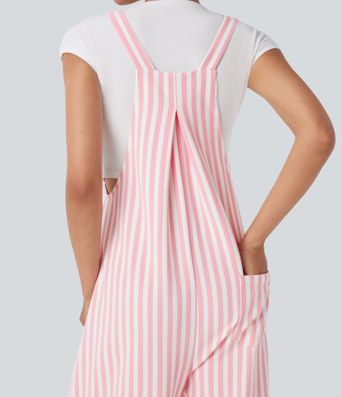 Pockets Stripe Waffle Overalls