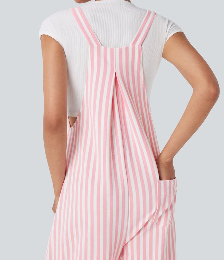 Adjustable Strap Button Multiple Pockets Stripe Resort Overalls