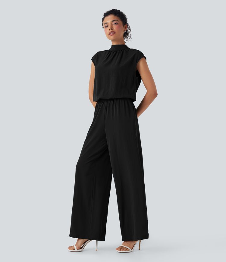 Mock Neck Keyhole Back Cap Sleeve Wide Leg Work Jumpsuit with Side Pockets
