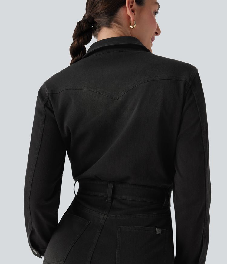 Halara Flex™ Denim Long Sleeve Midi Casual Shirt Dress with Pockets