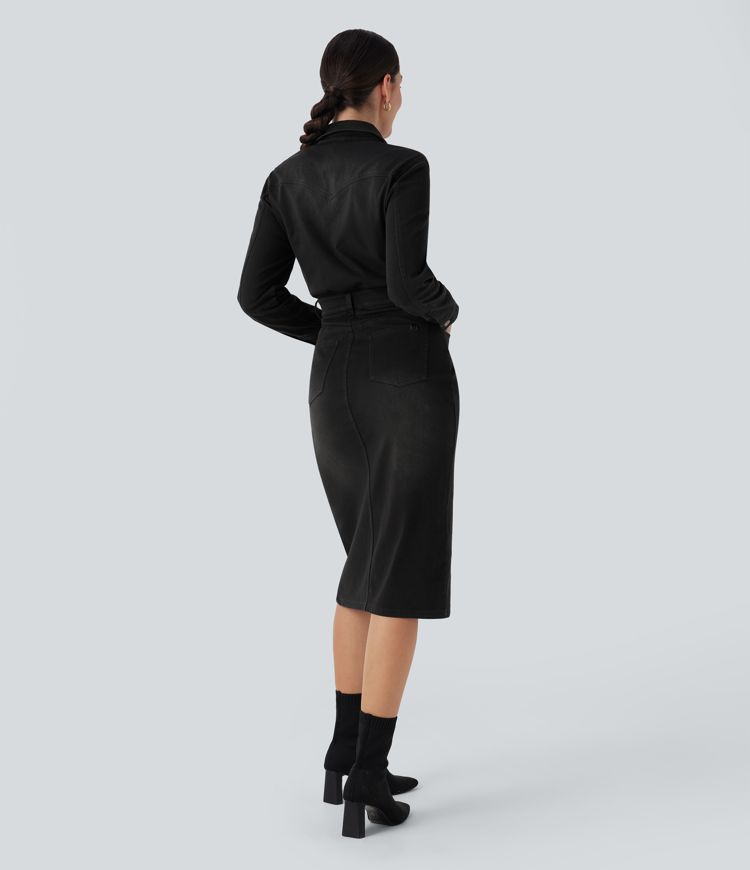 Halara Flex™ Denim Long Sleeve Midi Casual Shirt Dress with Pockets