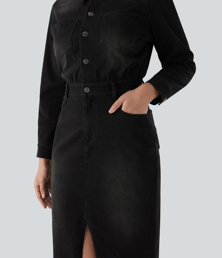 Halara Flex™ Denim Long Sleeve Midi Casual Shirt Dress with Pockets