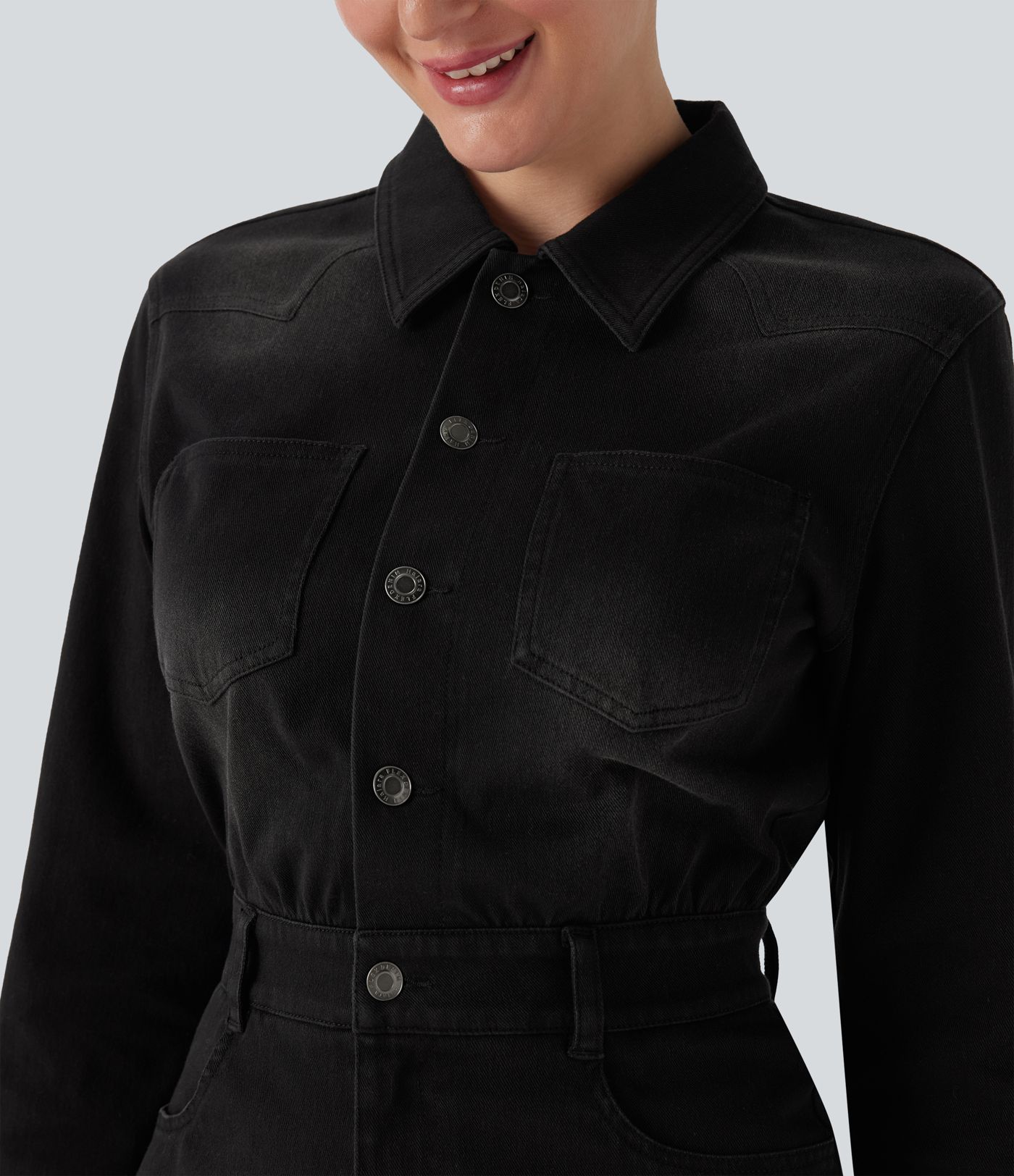 Halara Flex™ Denim Långärmad Midiklänning i Casual Stil med Fickor