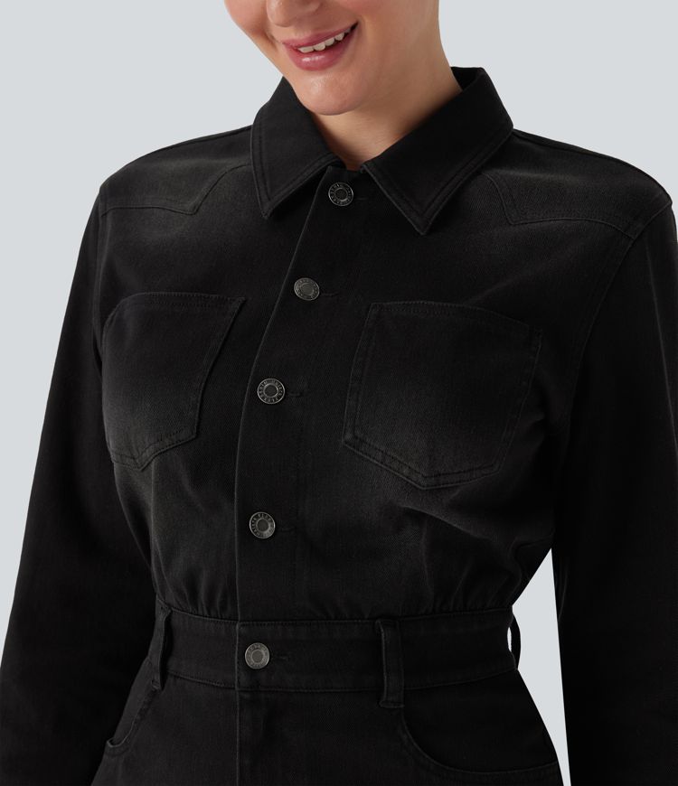 Halara Flex™ Denim Long Sleeve Midi Casual Shirt Dress with Pockets
