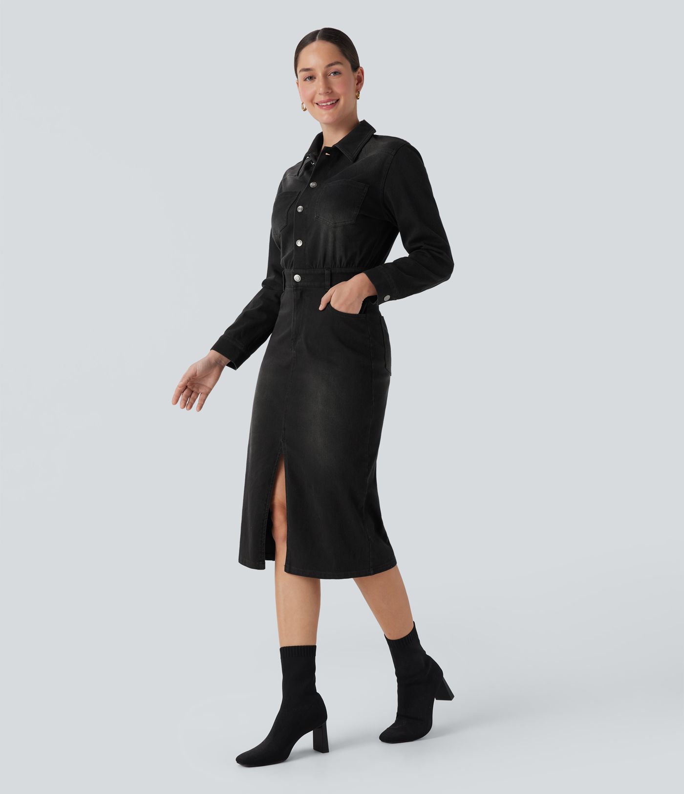 Halara Flex™ Denim Långärmad Midiklänning i Casual Stil med Fickor