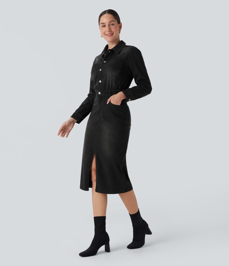 Halara Flex™ Denim Long Sleeve Midi Casual Shirt Dress with Pockets