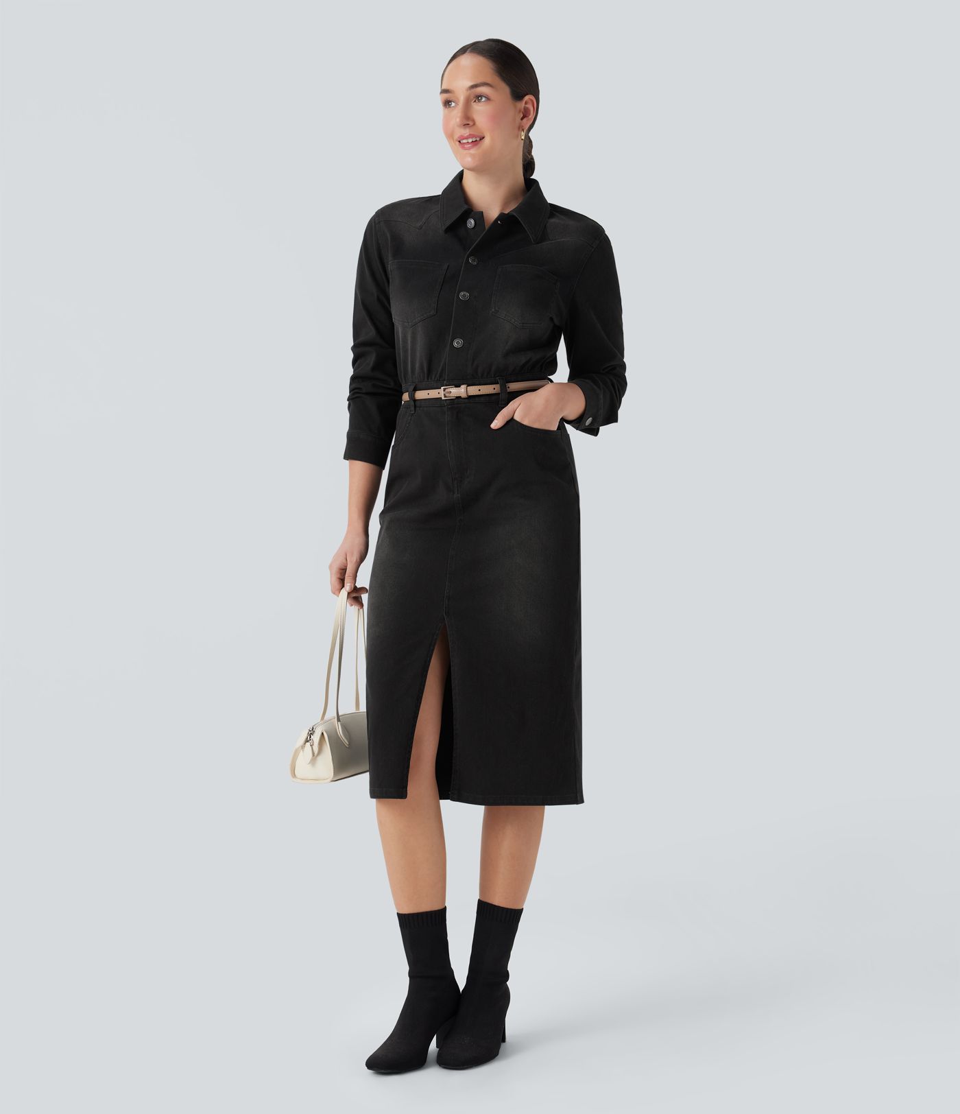 Halara Flex™ Denim Långärmad Midiklänning i Casual Stil med Fickor