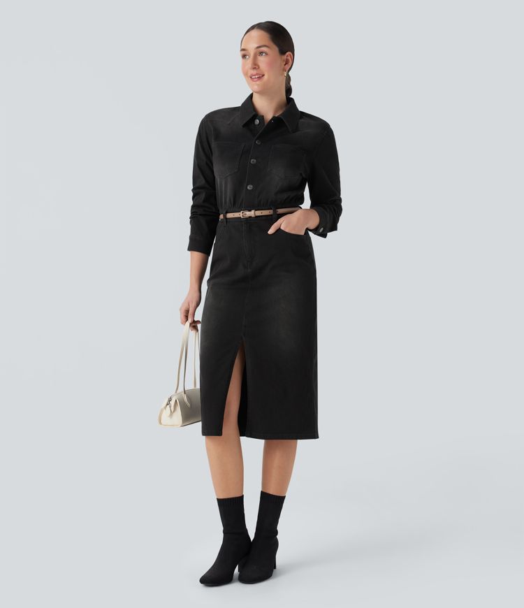 Halara Flex™ Denim Long Sleeve Midi Casual Shirt Dress with Pockets