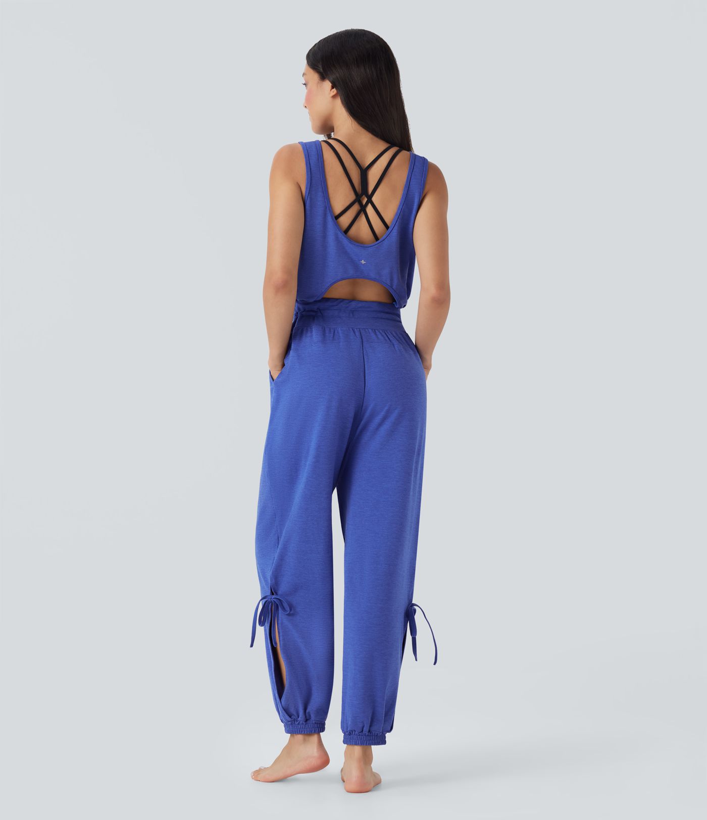 Sleeveless Cut Out Drawstring Yoga Jumpsuit with Pockets
