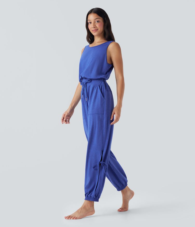Sleeveless Backless Cut Out Drawstring Yoga Jumpsuit with Pockets