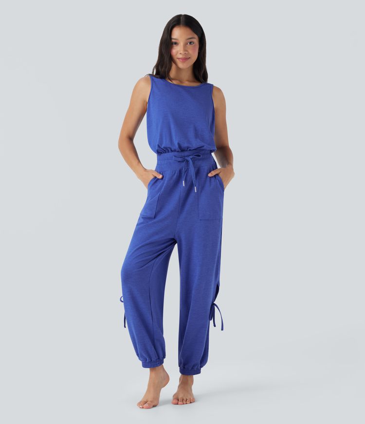 Sleeveless Backless Cut Out Drawstring Yoga Jumpsuit with Pockets