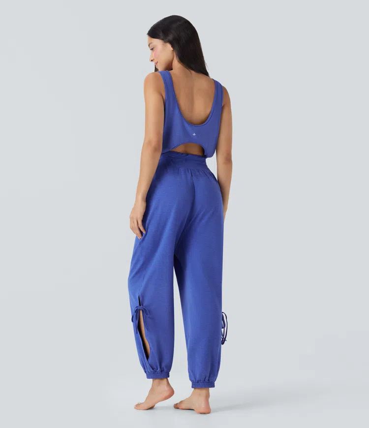 Sleeveless Cut Out Drawstring Yoga Jumpsuit with Pockets